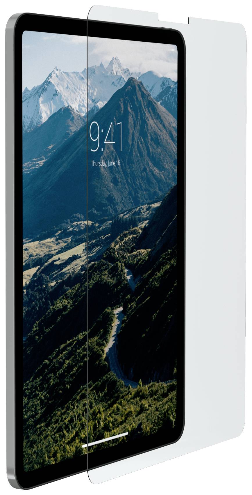 Tablet with screen protector, displaying a mountain landscape and the time '9:41'.