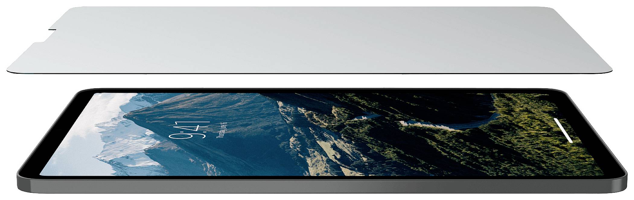 A tablet displays a landscape with mountains on the screen. A transparent protective film hovers above it.