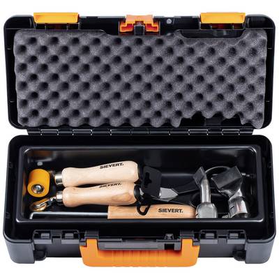 An open toolbox with foam lining, containing various tools with wooden handles, including two burner attachments.