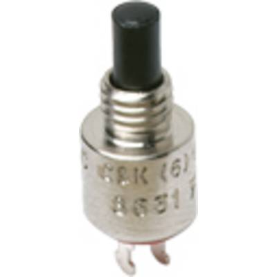 A silver, cylindrical electronic switch with a black button and two metal terminals at the bottom.