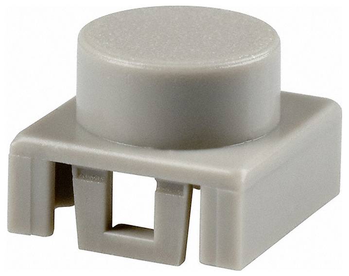 A close-up of a round, gray plastic button cap designed to fit onto a device or switch.