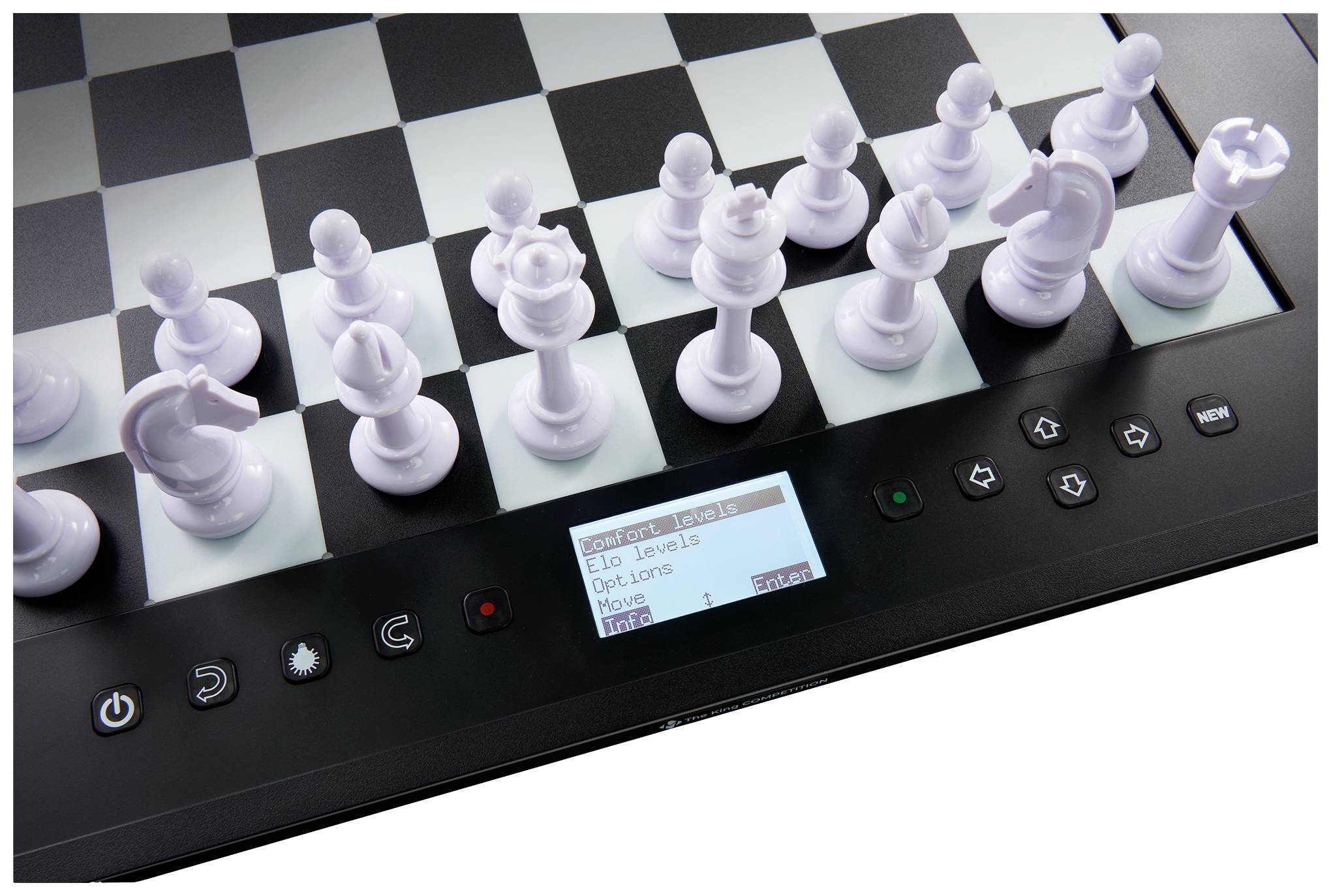 An electronic chessboard with white chess pieces, a display with game options and control buttons on the side.