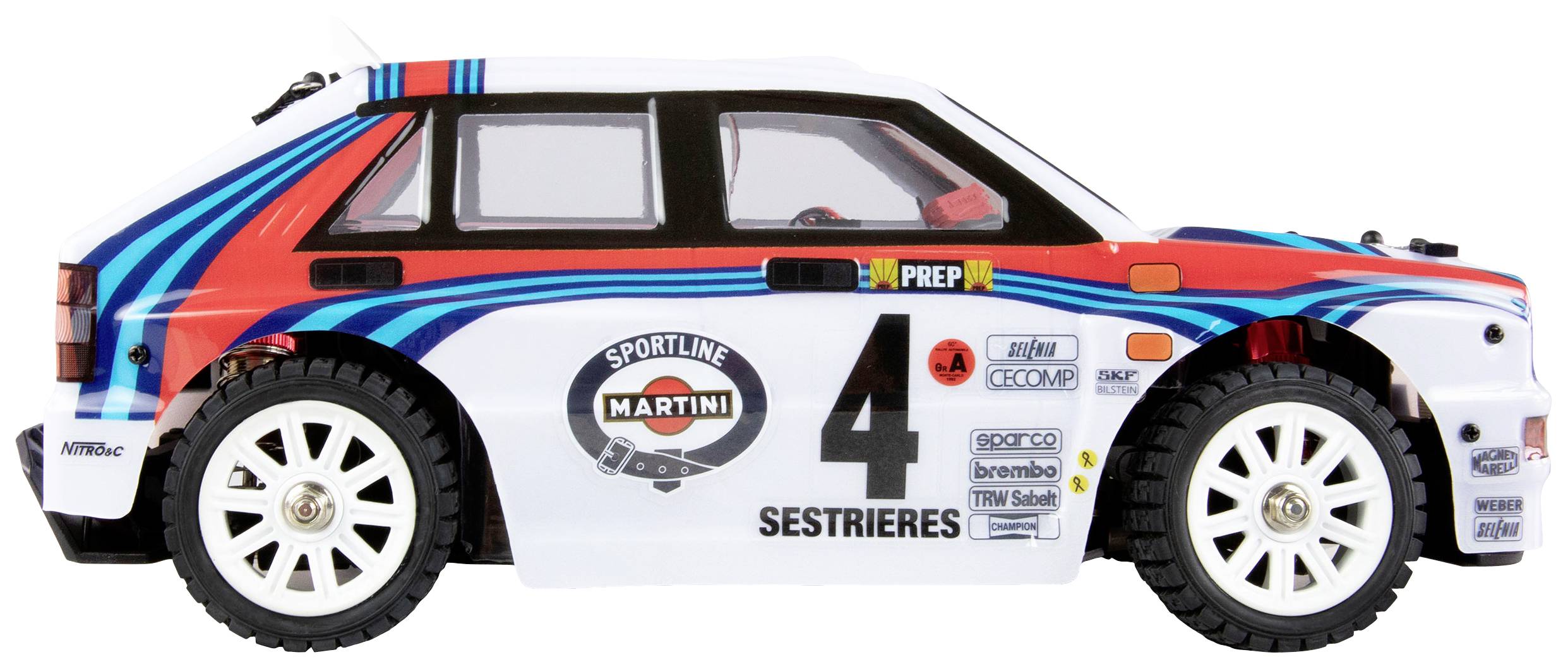 Small model car in rally style with white wheels, vibrant striped pattern, and the number '4' on the side.