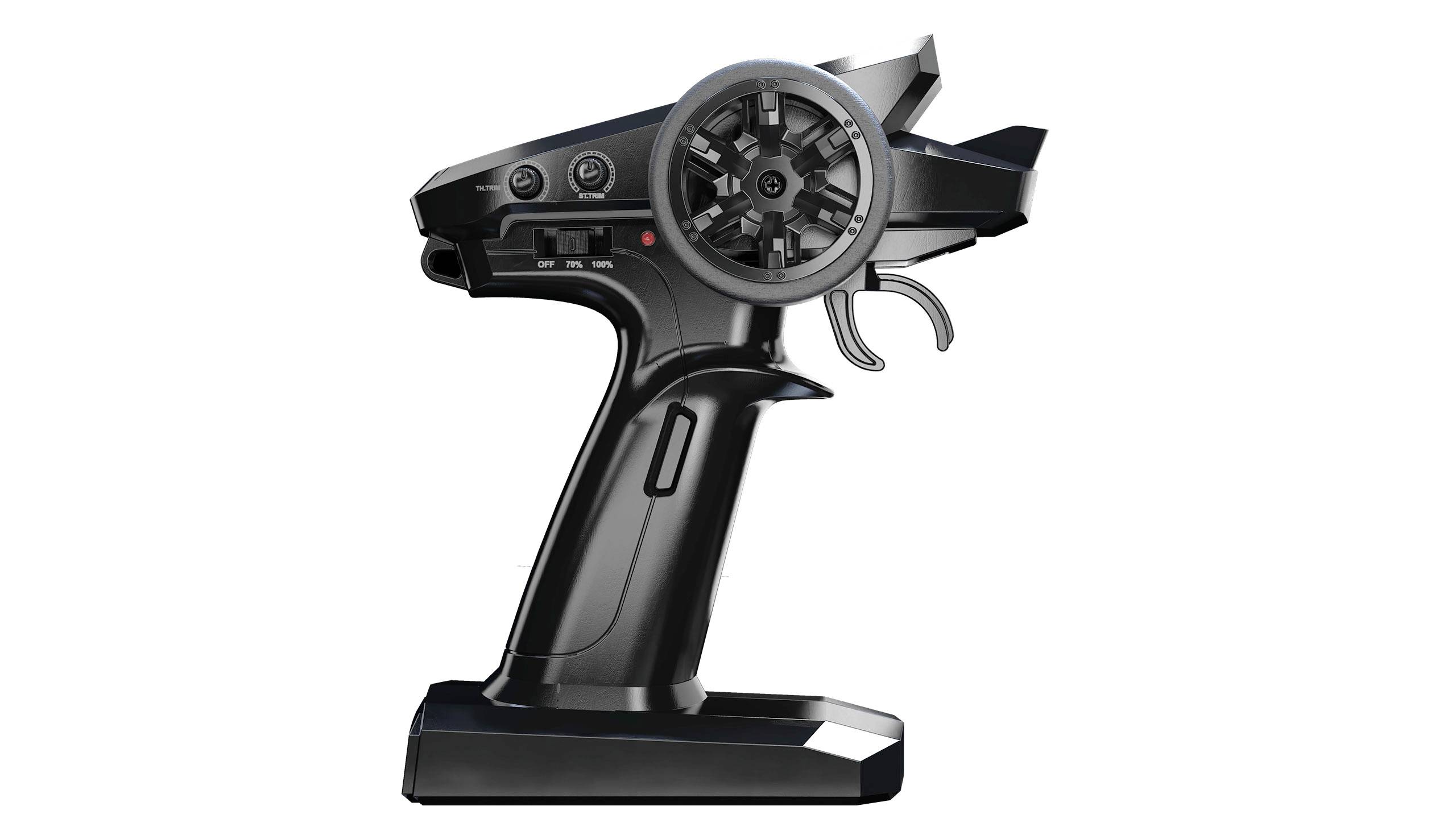 Black radio remote control with steering wheel and buttons, typically used for model cars.