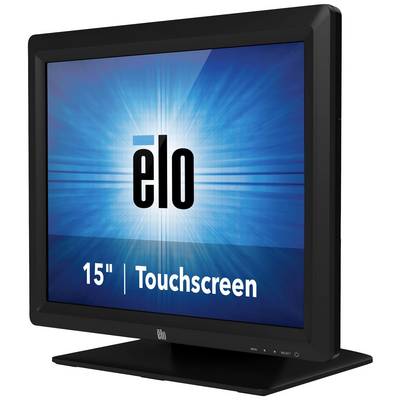 A black 15-inch touchscreen monitor with the 'elo' logo displayed on the screen.