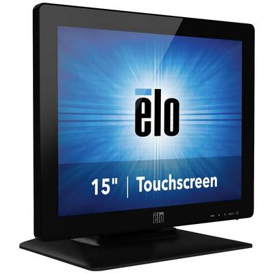 A black 15-inch touchscreen monitor with a blue background and the text 'elo' in the centre of the screen.