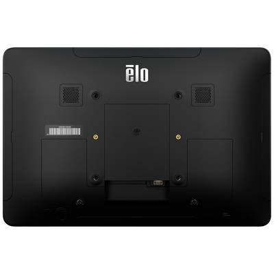 Rear view of a black monitor with the 'elo' logo at the top, featuring multiple ports and a mounting bracket.
