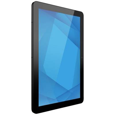 Black tablet with a blue screen, shown at an angle. The screen displays geometric shapes in various shades of blue.