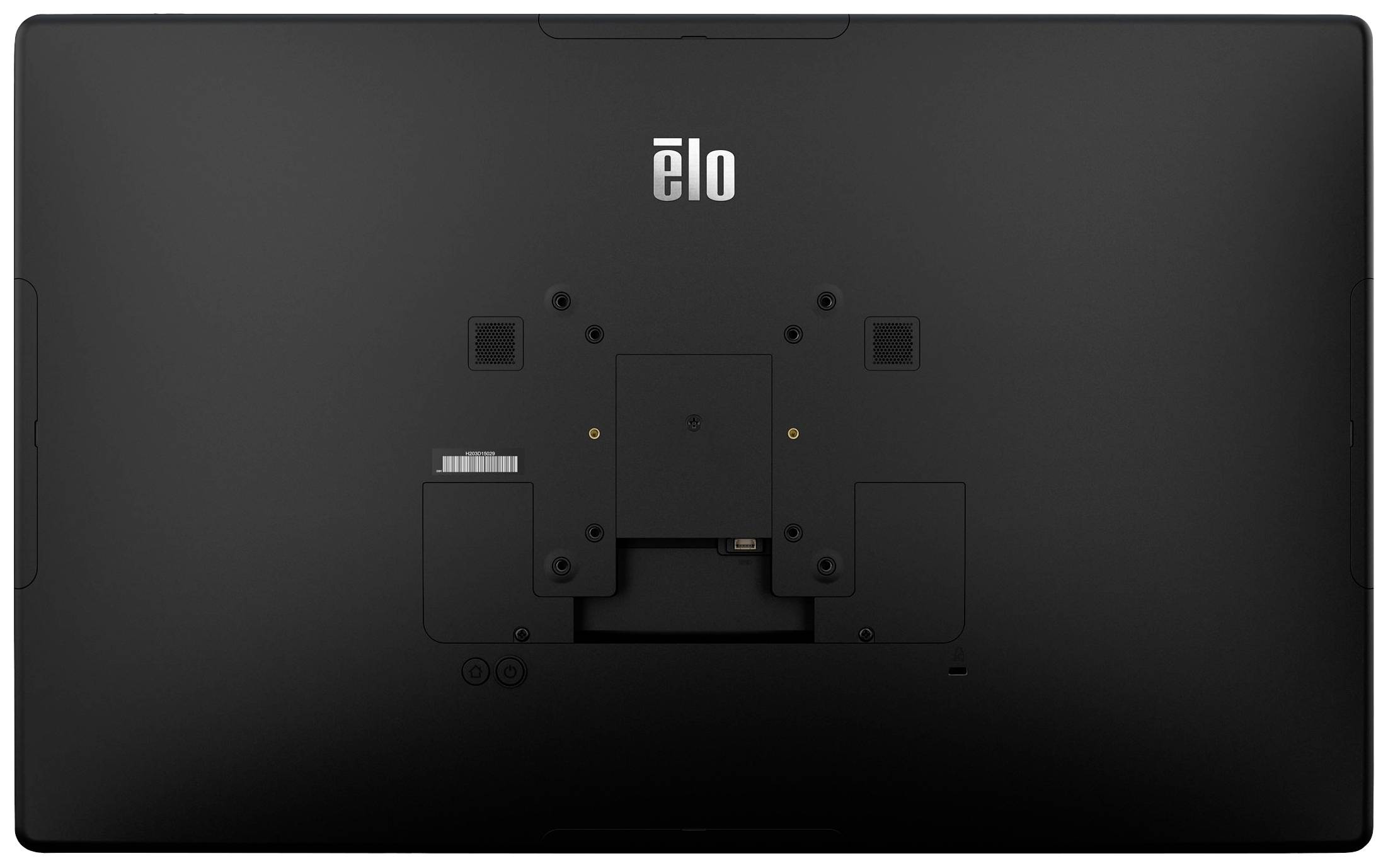 Rear view of a black monitor with brand logo at the top. Mounting and connection surfaces are located in the centre.