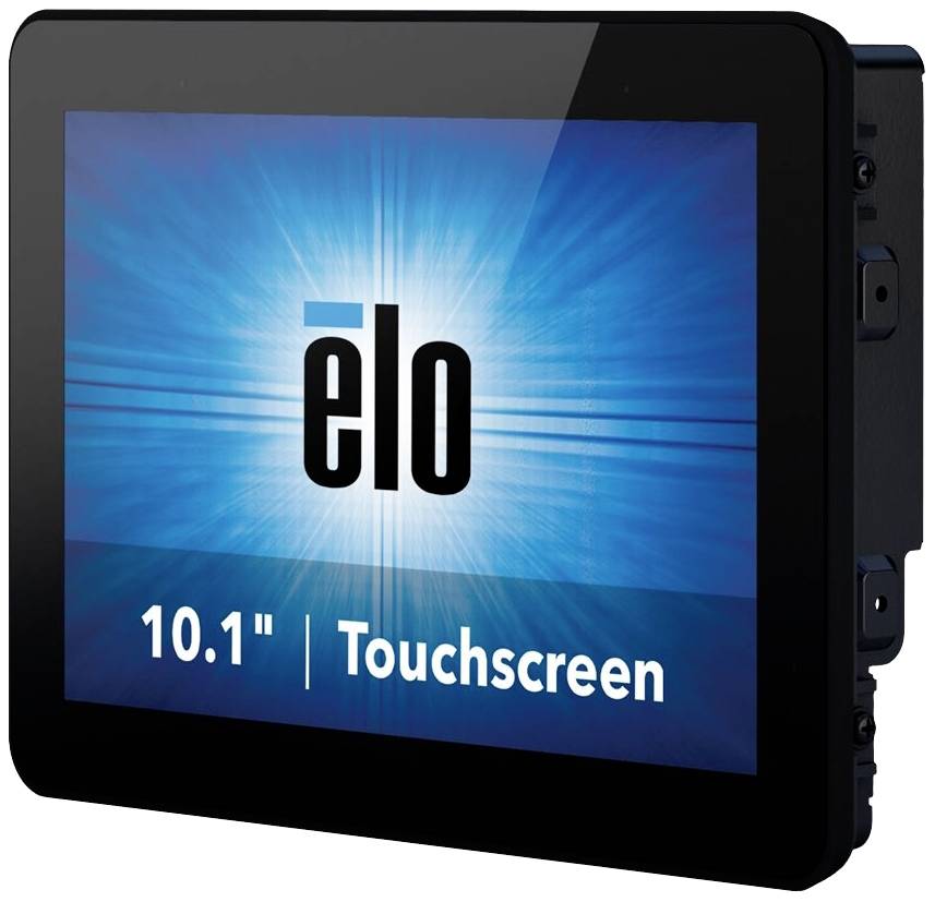 10.1-inch Elo touchscreen device with illuminated blue background and central logo.