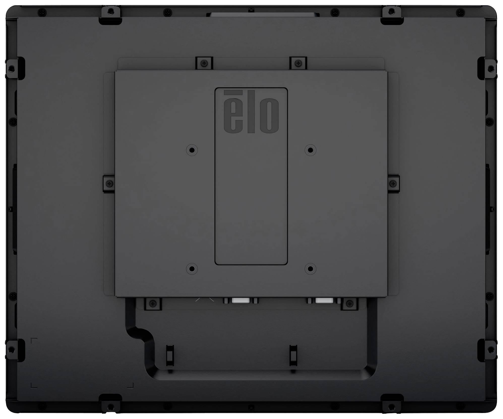 Back of a flat-screen monitor with a mounting bracket and the 'elo' lettering in the centre.