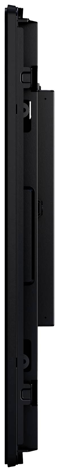 Side profile of a black screen or monitor with a narrow bezel and side-mounted stand.