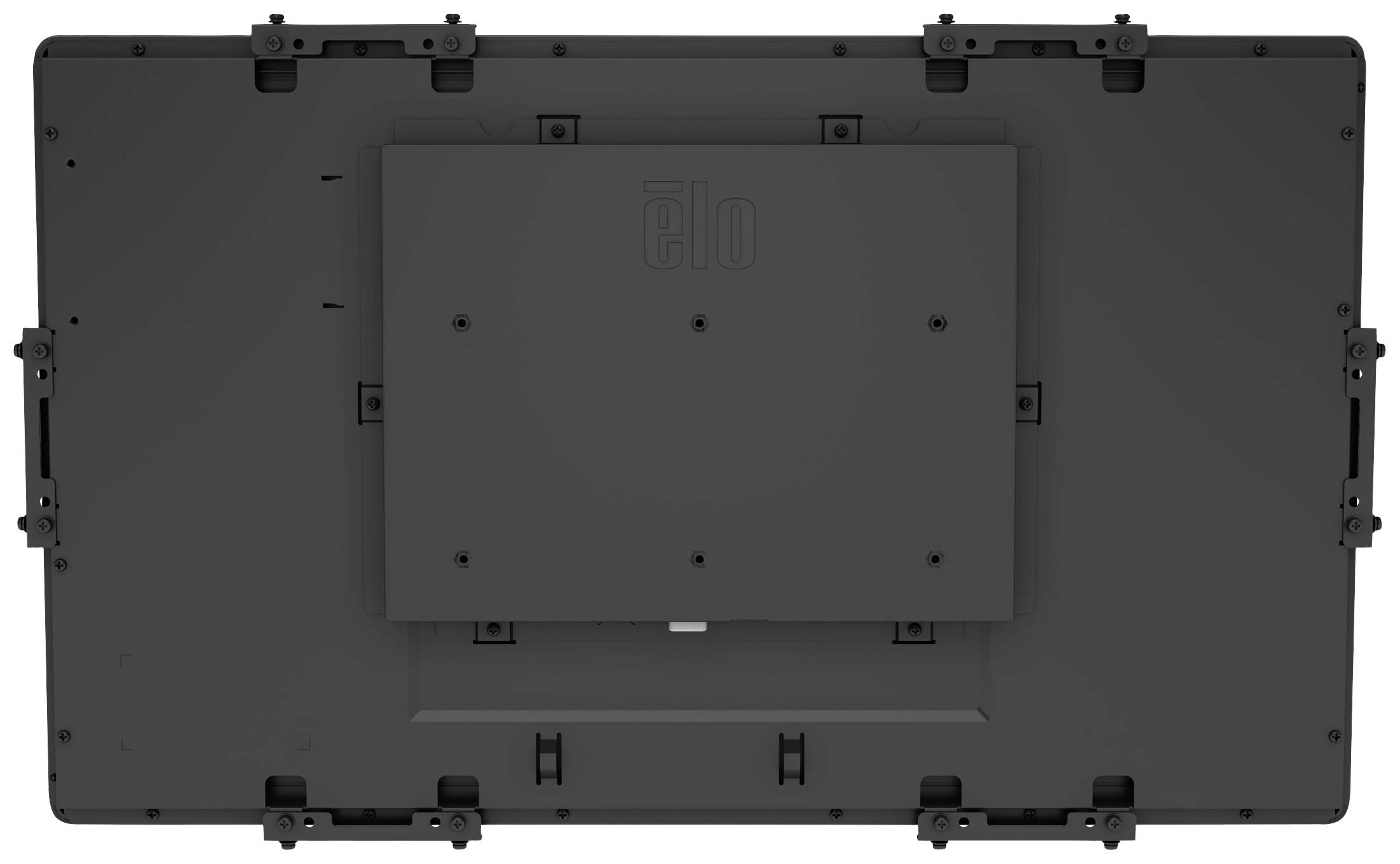 Rear view of a large screen or monitor with mounting brackets and a central housing, likely for industrial applications.