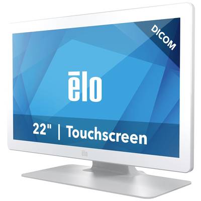 'White Elo 22-inch Touchscreen Monitor with DICOM Display, blue background with geometric shapes.'