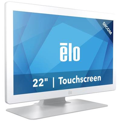 A white 22-inch touchscreen monitor by Elo, suitable for DICOM applications, with a blue graphic background.