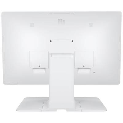 A white computer monitor viewed from behind, with a clearly visible stand and connection ports on both sides.