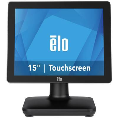 A 15-inch touchscreen monitor by Elo on a black stand, with a blue display featuring the white logo and the text 'Touchscreen'.