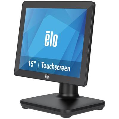 A 15-inch black-framed touchscreen monitor, displaying 'elo' at the top and '15" Touchscreen' at the bottom on a blue background.