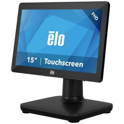 A black 15-inch touchscreen monitor by Elo. The screen displays a blue pattern with the text '15" Touchscreen'.