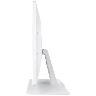 Side view of a white computer monitor with a slim design, standing on a narrow stand.
