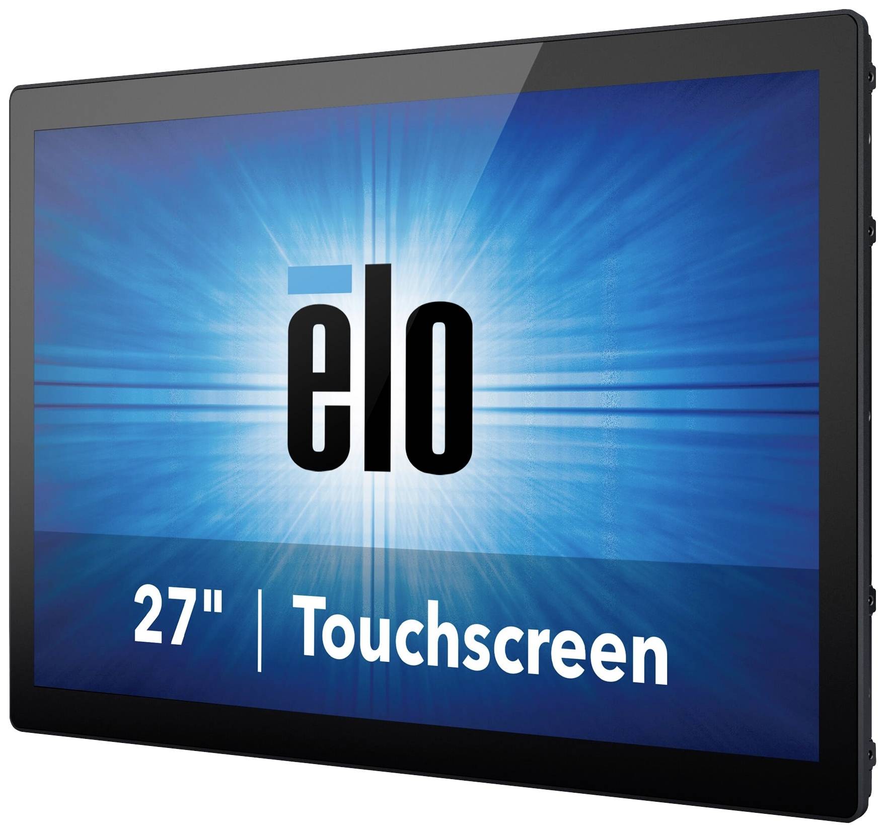 27-inch touchscreen display with a blue background and 'elo' logo in the centre.