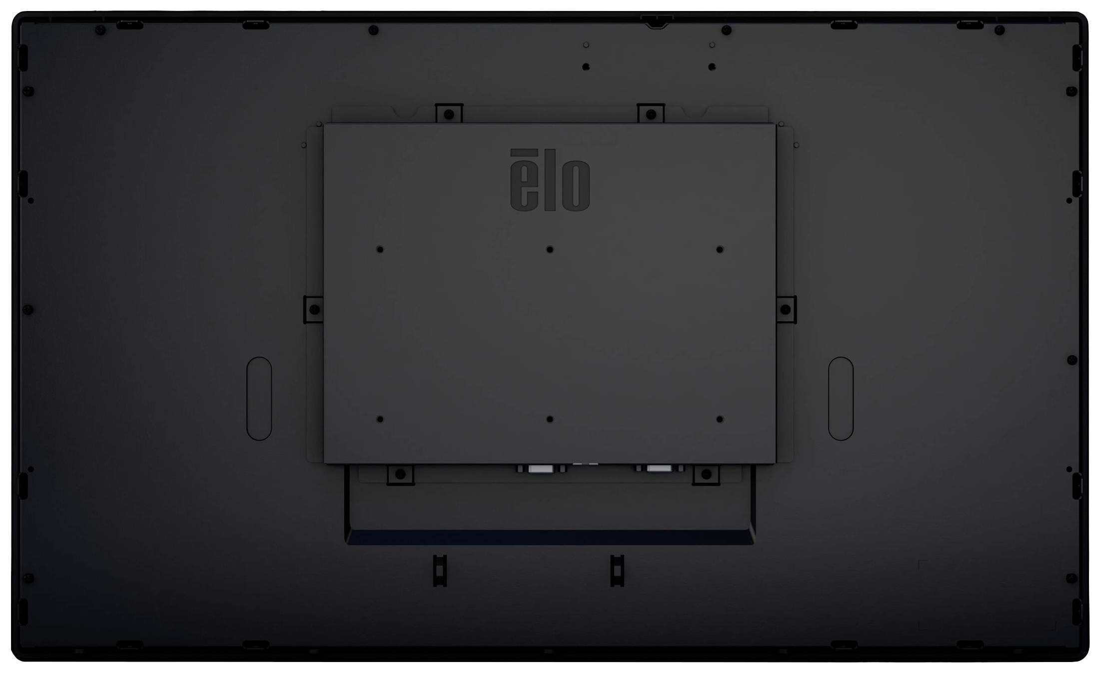 Back of a large, black screen with a central housing. No visible text or graphics.