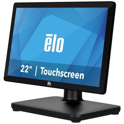 Black 22-inch touchscreen monitor by Elo with blue background and white logo.