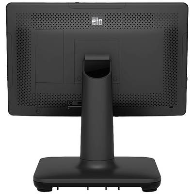 A black computer monitor from behind. The monitor stands on a sturdy base and has various ports on the rear.
