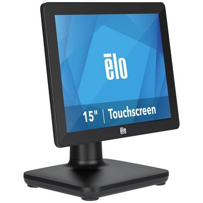 A black 15-inch touchscreen monitor with the 'elo' inscription on a sturdy stand.