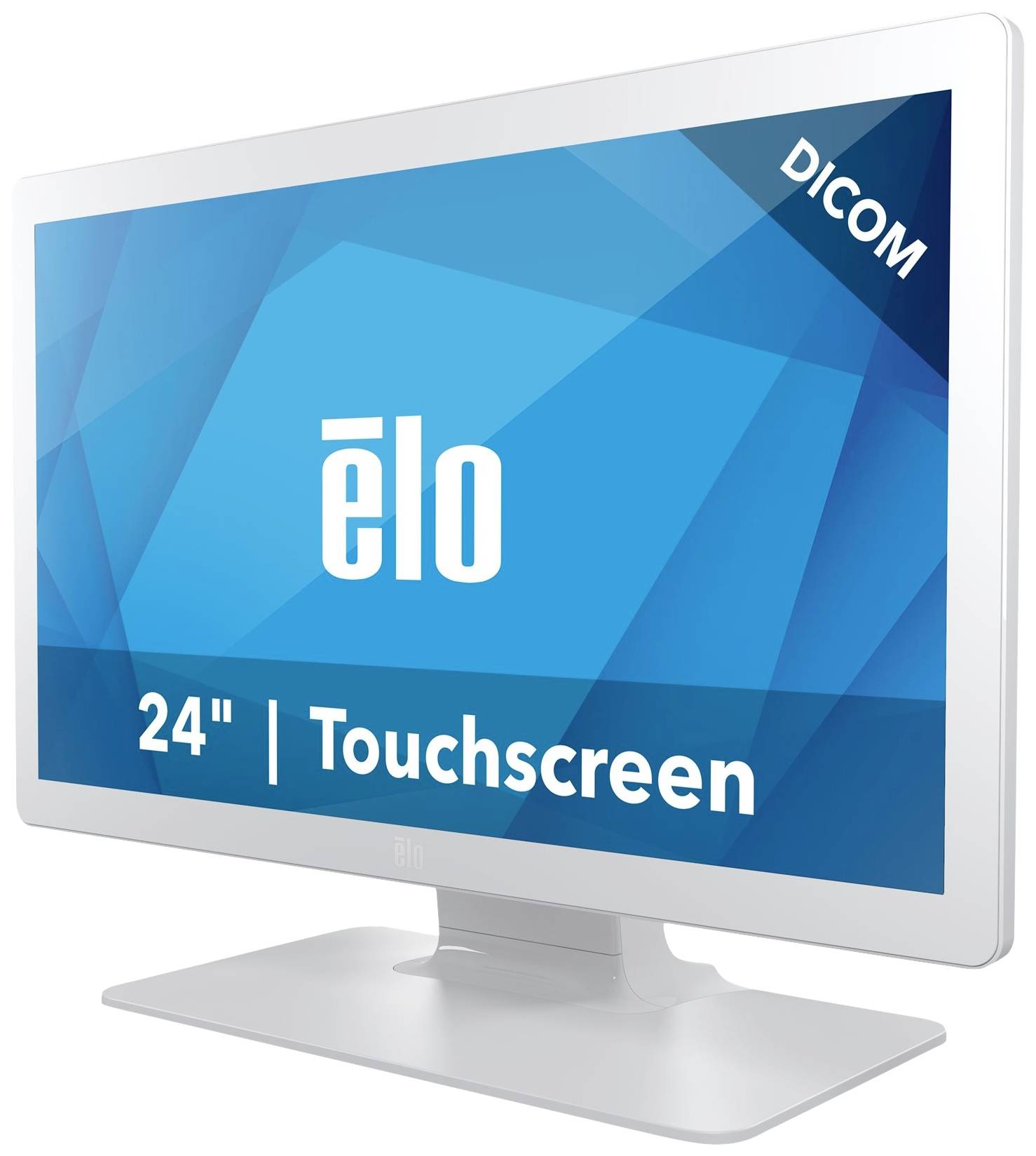 A 24-inch touchscreen monitor with a blue background and the inscription 'elo'. Brand logo in the top right corner of the screen.