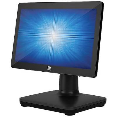 A black touchscreen monitor with a blue, radiant pattern on the screen, mounted on a sturdy stand.