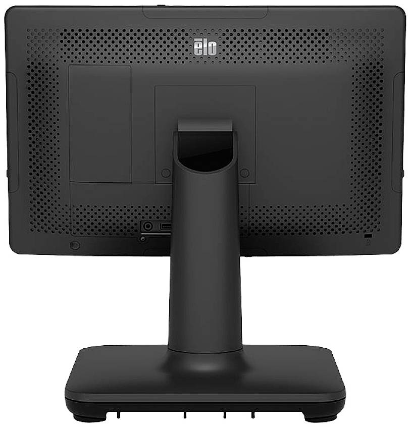 'Back of a black monitor with a sturdy stand, ventilation slots, and multiple ports.'