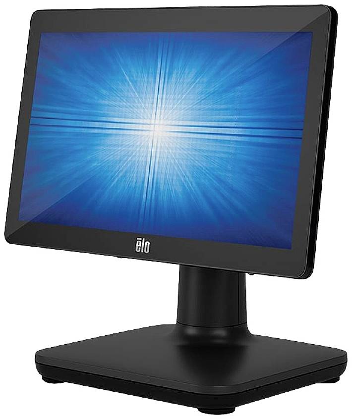 Black touchscreen monitor with illuminated blue screen on a stand.