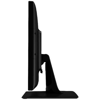 Side view of a computer monitor with a sleek design, mounted on a rectangular stand.