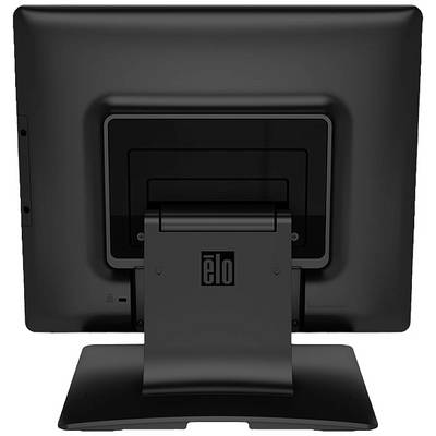 A black monitor viewed from behind, with visible brand name and stand, displaying no screen contents.