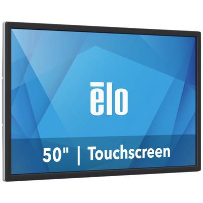 A 50-inch touchscreen display with the 'Elo' logo on a blue geometric background.