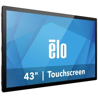 43-inch touchscreen monitor by 'elo', displayed in a black frame against a blue background. Suitable for interactive presentations.