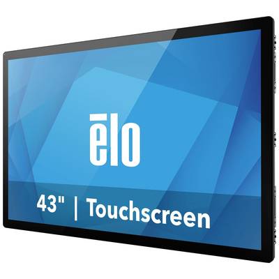 A large 43-inch touchscreen monitor with the 'elo' logo on a blue background.