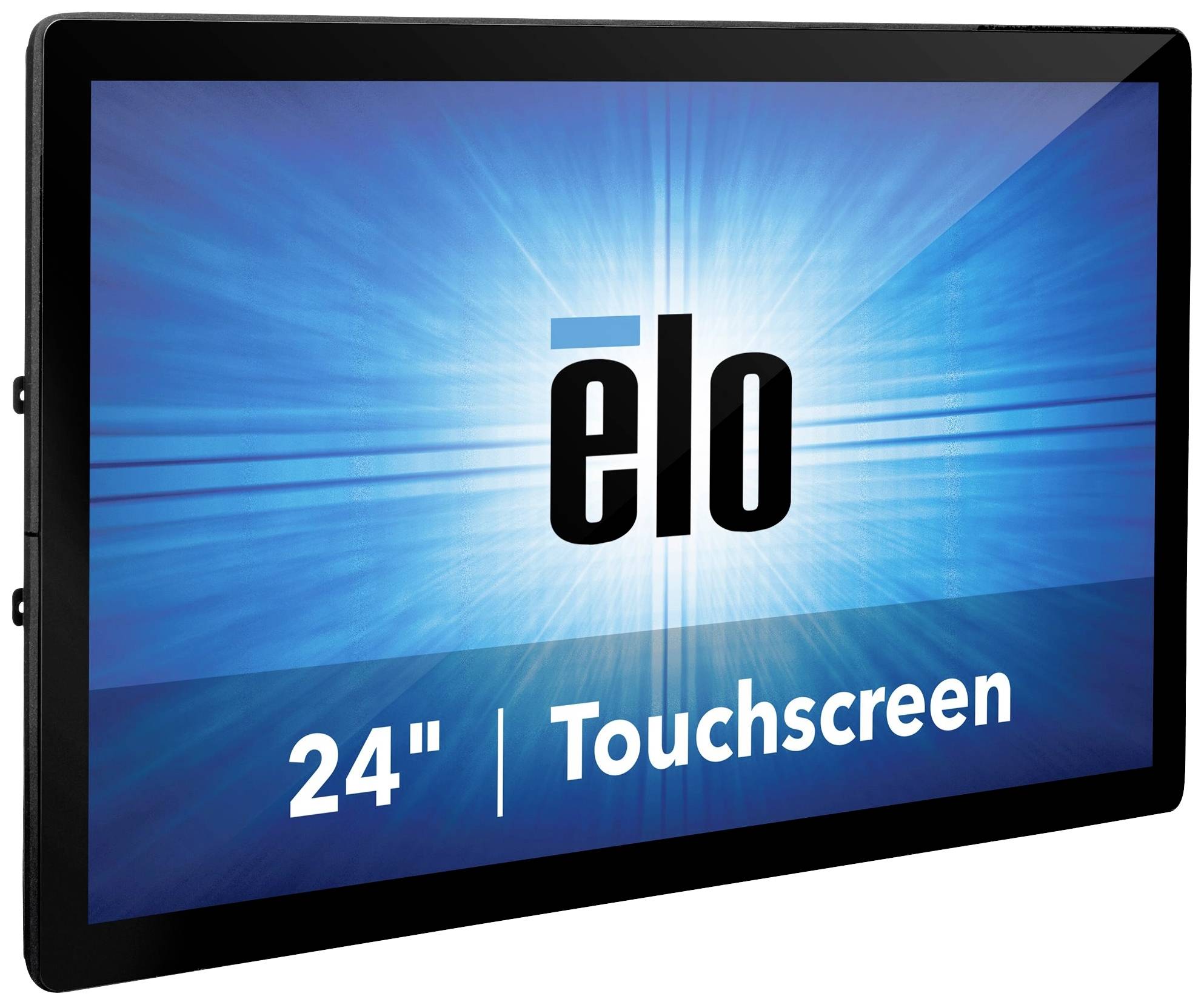 A black frame with a blue-glowing screen displaying 'elo'. Bottom left reads '24 inch | Touchscreen'.