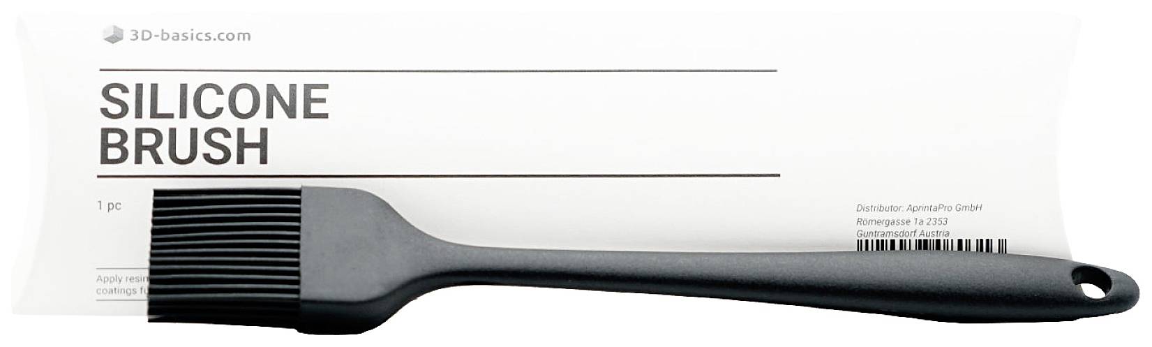 Black silicone brush from the brand '3D-basics.com' in front of a white packaging with the inscription 'SILICONE BRUSH'.