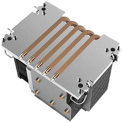 A heatsink with multiple copper heat pipes and aluminium fins. It is used to dissipate heat from electronic components, such as those in computers.