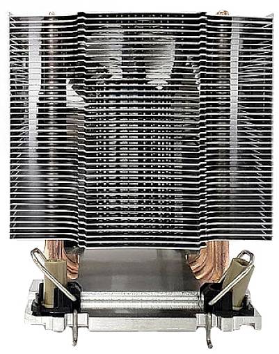 Metal heat sink with horizontal fins for heat dissipation, mounted on a base with two copper pipes to enhance cooling performance.
