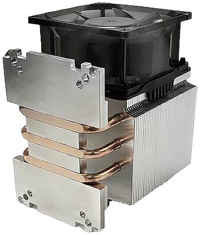 Large CPU cooler with multiple copper heat pipes and a black fan on top, designed for improved heat dissipation in computers.