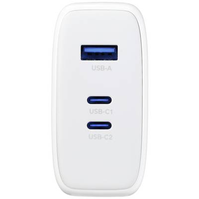 Charger with one USB-A and two USB-C ports for versatile device charging.