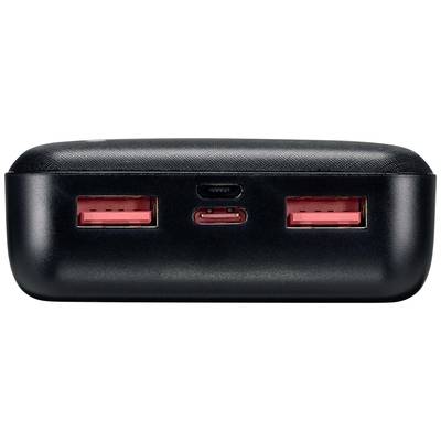 Black power bank with two USB-A ports and one USB-C port on the front.