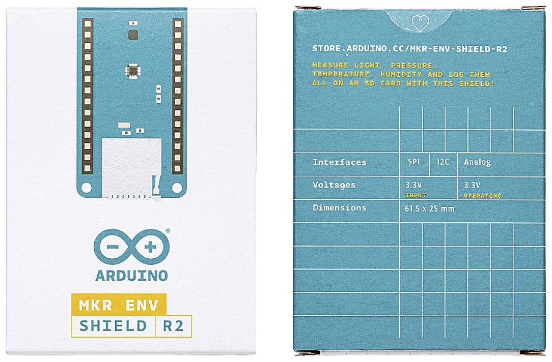 On the packaging it says 'Arduino MKR ENV Shield R2'. On the left is a hardware schematic. On the right, technical specifications are listed.