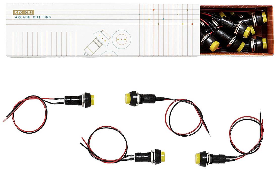 Five black arcade buttons with yellow surfaces and red cables, from a box labelled 'Arcade Buttons'.