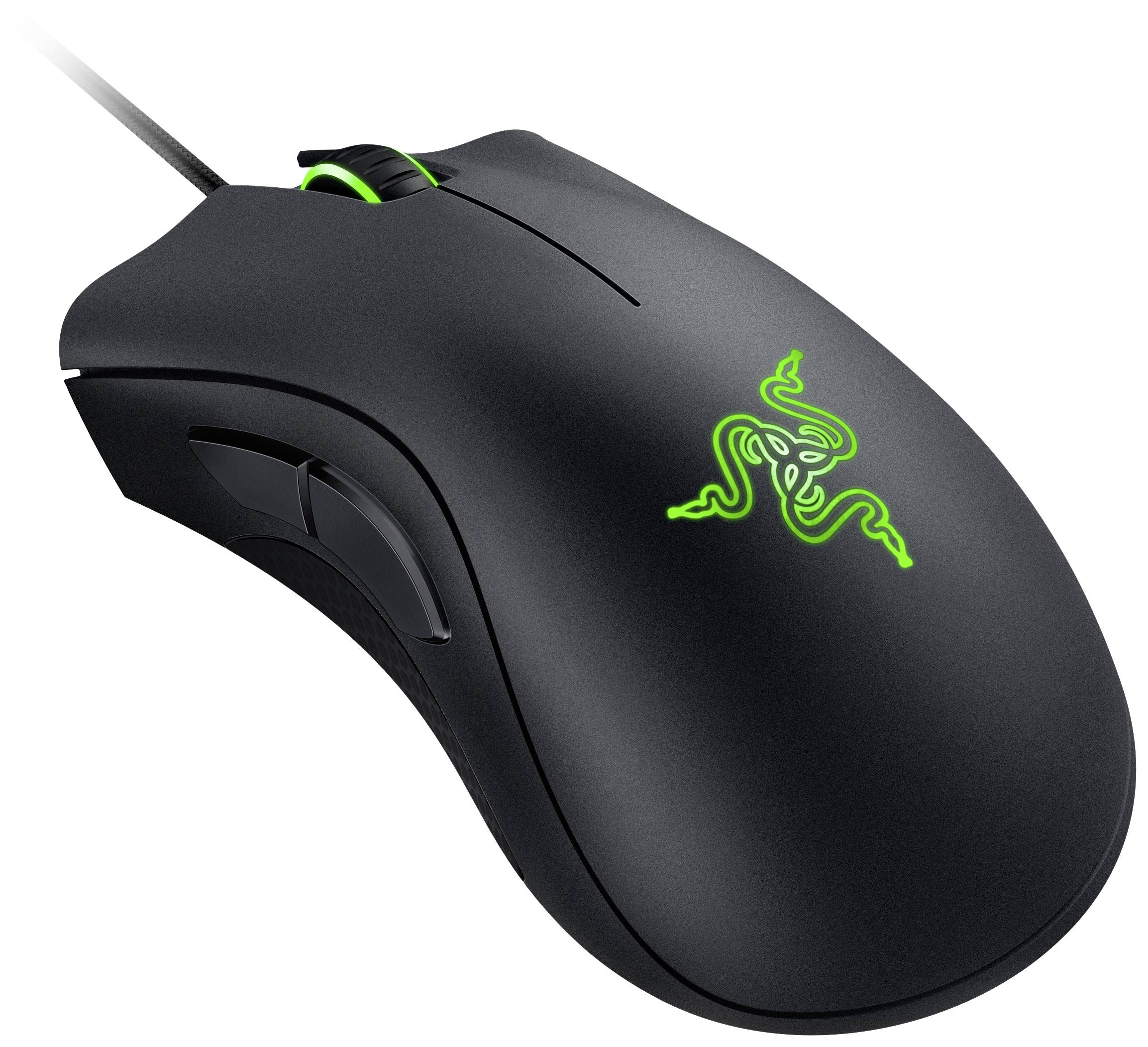 Black gaming mouse with green illuminated logo, ergonomic design and two side buttons, connected via cable.