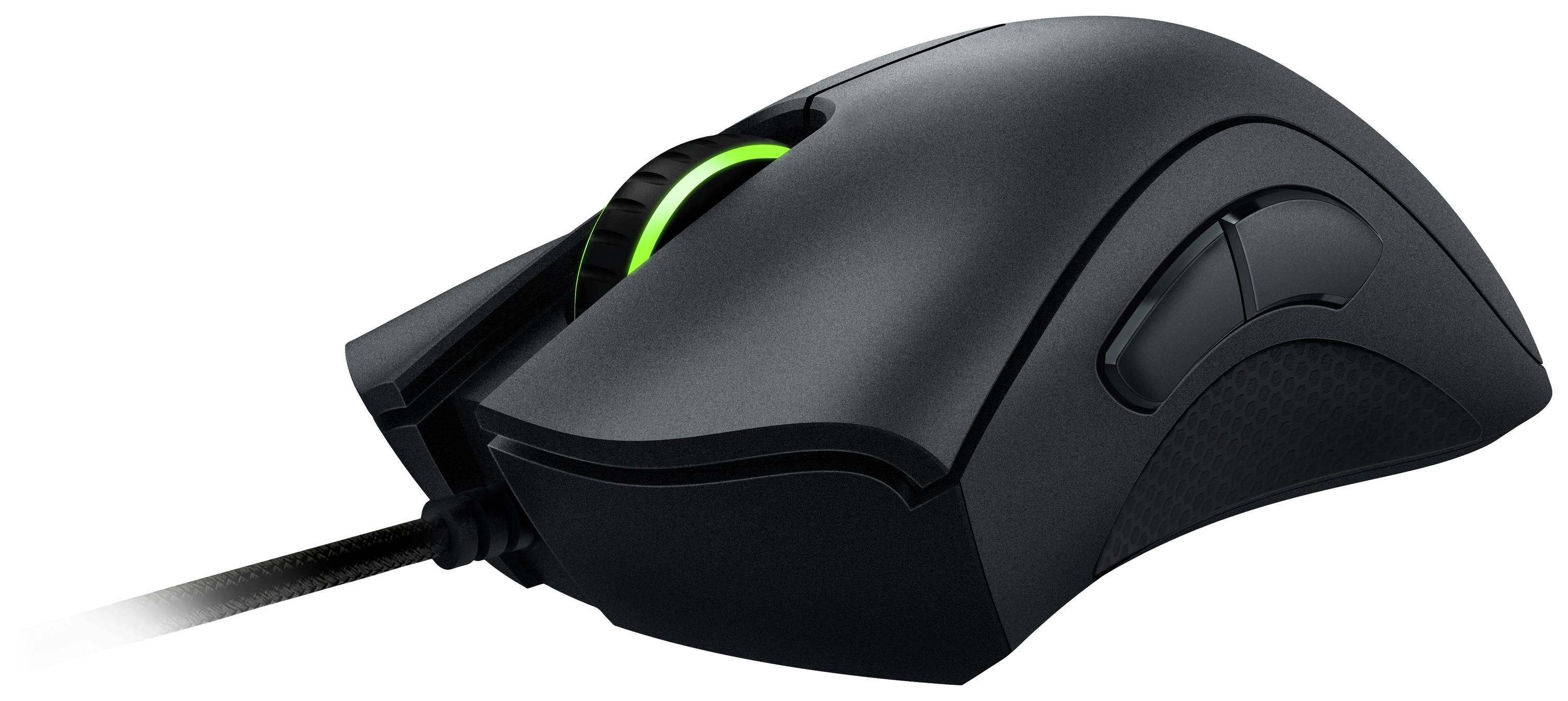 Black computer mouse with green LED illumination on the scroll wheel, ergonomic design and side buttons for gaming purposes.