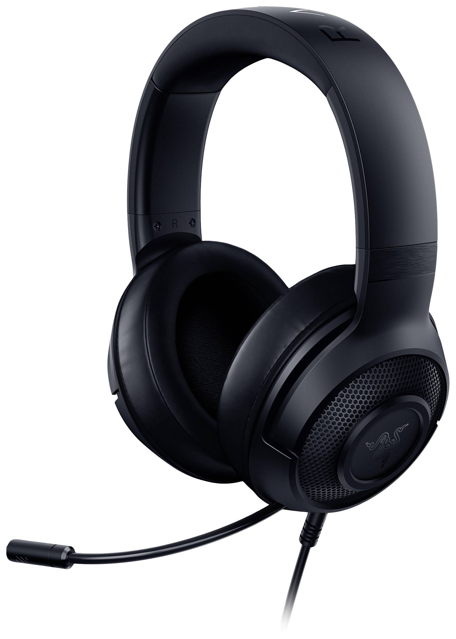 A black gaming headset with microphone boom, suitable for PC and console gaming.